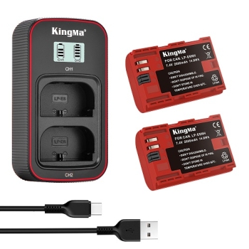 Bộ 2 pin KingMa 2000mAh LP-E6NH và bộ sạc kép màn hình LCD dành cho máy ảnh Canon