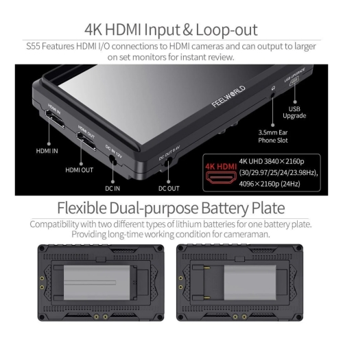 Máy ảnh FEELWORLD S55 V2 5.5 inch Máy ảnh DSLR màn hình trường hỗ trợ video IPS 1920x1152 4K HDMI DC Out với 3D LUT