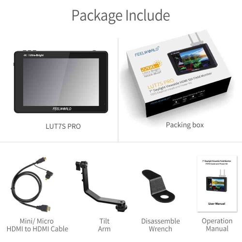 FEELWORLD LUT7S PRO 7 inch 2200NITS DSLR Camera Field Monitor 3D Lut Touch 4K HDMI 3G-SDI F970 KIT