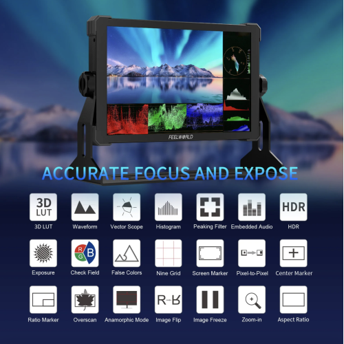 FEELWORLD T10 10.1 Inch 500nit Nhôm Máy ảnh DSLR Giám sát trường Bộ cài đặt và nguồn bên ngoài