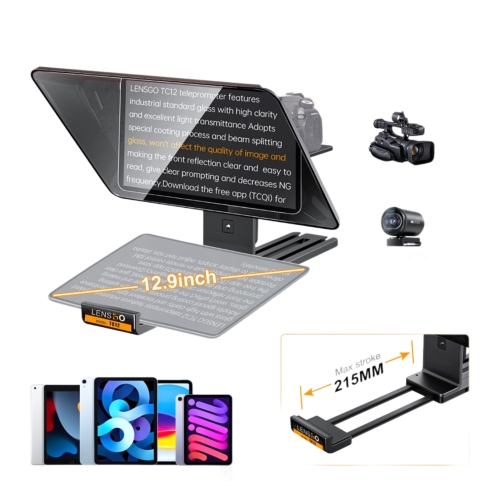 Lensgo TC12 - Máy Nhắc Chữ Di Động 12 Inch Dành Cho Máy Ảnh Và Máy Quay, Hỗ Trợ Kẹp Ngang Dọc, Điều Khiển Từ Xa