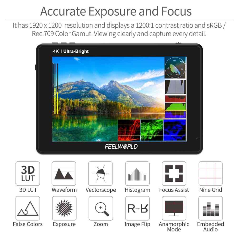 FEELWORLD LUT7S PRO 7 inch 2200NITS DSLR Camera Field Monitor 3D Lut Touch 4K HDMI 3G-SDI F970 KIT