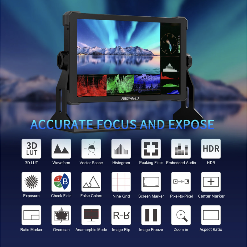 FEELWORLD T10 10.1 Inch 500nit Nhôm Máy ảnh DSLR Giám sát trường Bộ cài đặt và nguồn bên ngoài