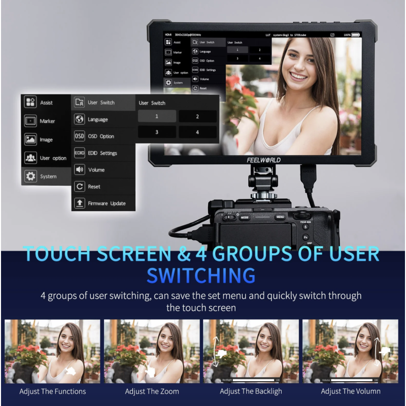 FEELWORLD T10 10.1 Inch 500nit Nhôm Máy ảnh DSLR Giám sát trường Bộ cài đặt và nguồn bên ngoài