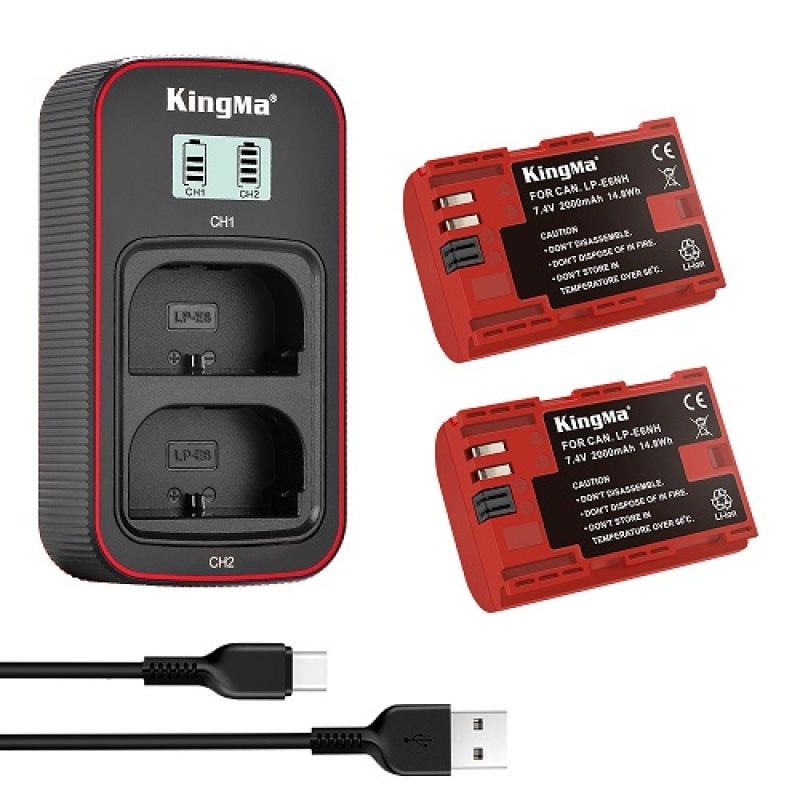 Bộ 2 pin KingMa 2000mAh LP-E6NH và bộ sạc kép màn hình LCD dành cho máy ảnh Canon