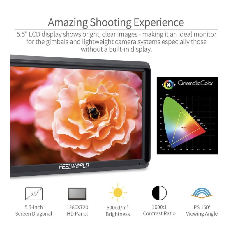 Máy ảnh FEELWORLD S55 V2 5.5 inch Máy ảnh DSLR màn hình trường hỗ trợ video IPS 1920x1152 4K HDMI DC Out với 3D LUT