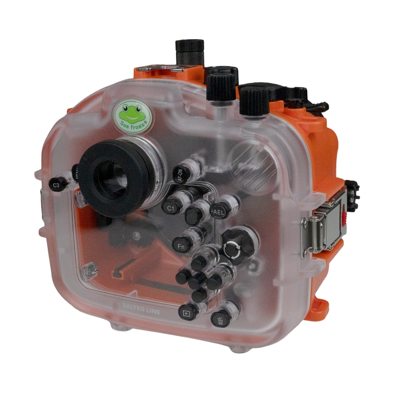 Sony A7S III Salted Line series 40M/130FT Waterproof camera housing with Aluminium Pistol Grip trigger (Standard port). Orange